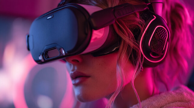 Close up of a woman wearing a vr headset and headphones with pink and blue lighting