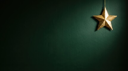Fototapeta premium Decorative star hanging against a dark green wall background.