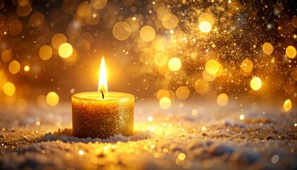 Abstract golden candle flame bokeh with glitter and snow, capturing the ethereal atmosphere of St. Lucia Day, winter holidays, and Nordic traditions.