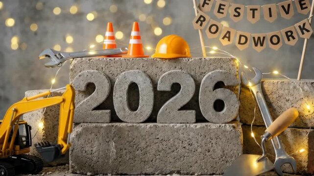 Number 2026 in lights: miniature excavator, hard hat, cone and tools on concrete blocks wrapped in fairy lights with a roadwork banner symbolizing new-year construction and progress