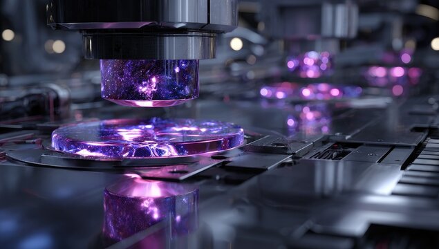Intricate futuristic machinery with glowing purple orbs and metallic surfaces - Powered by Adobe