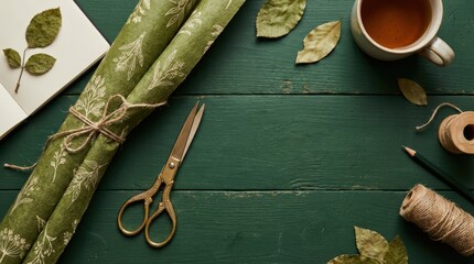 Craft materials arranged on a green wooden surface, featuring leaves, scissors, and a cup of tea.