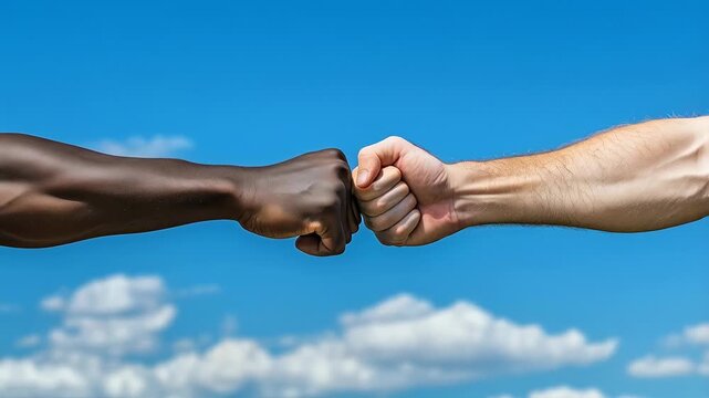 Black and white fists bumping together against a blue sky  