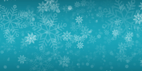 Fondo de invierno azul turquesa con copos de nieve cayendo y desenfoque