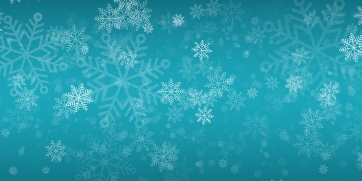 Fondo de invierno azul turquesa con copos de nieve cayendo y desenfoque