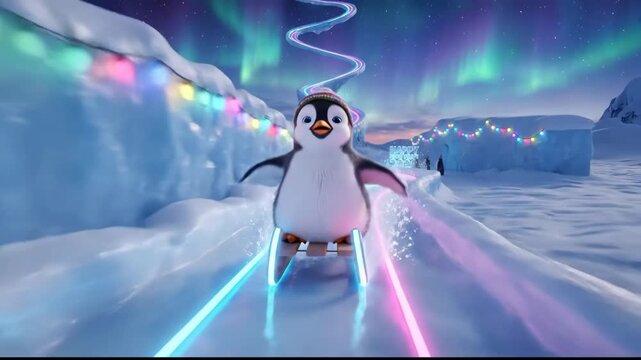 Cute penguin wearing a knitted hat sledding down a glowing neon ice slide while other penguins in party hats celebrate new year 2026 under an aurora borealis sky
