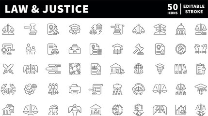 Law and justice vector icons in line style. Law and justice symbols set