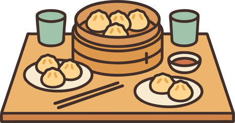 Cartoon Dumpling Table Vector Illustration, Asian Steamed Bao, Plates, Cups and Chopsticks