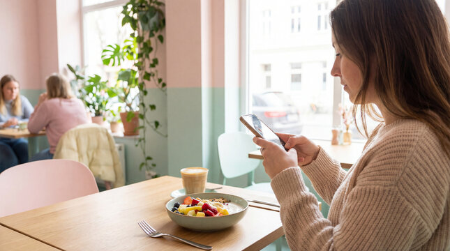 Young woman taking a photo of her colorful fruit and yogurt breakfast with smartphone in a trendy cafe