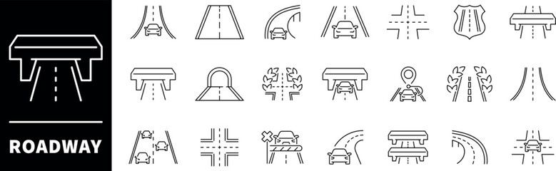 Roadway vector icons in line style. Roadway related icons. Road and traffic icons set