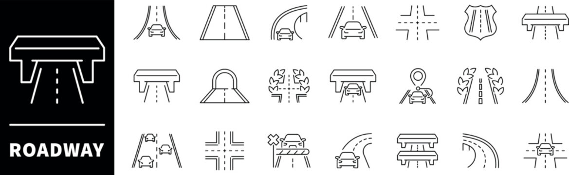 Roadway vector icons in line style. Roadway related icons. Road and traffic icons set