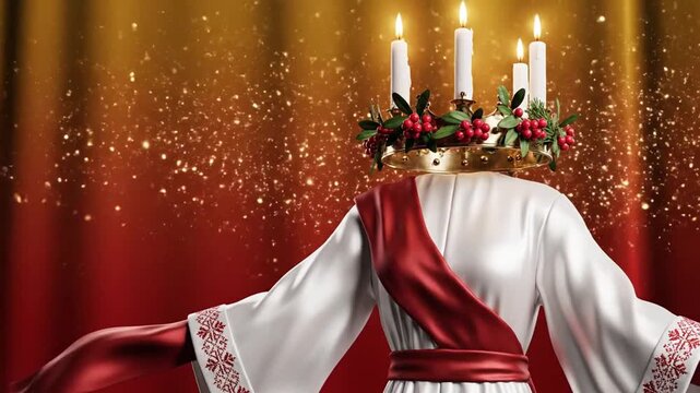 Saint Lucia Day banner video, Saint Lucia crown with lit candles glowing in soft warm light, white robe and red sash fabric gently swaying