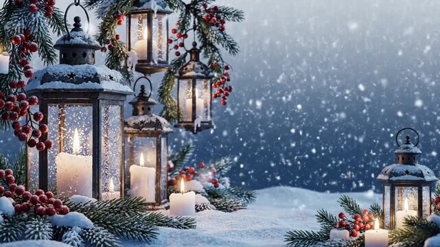 Saint Lucia Day banner video, Scandinavian lanterns glowing softly, pine branches with candles and berries, gentle snowfall animation