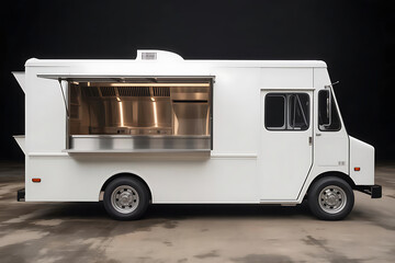 Naklejka premium White Food Truck Interior View with Open Window stock