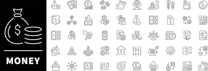 Money vector icons in line style. Money and finances outline icons set. Money icons collection