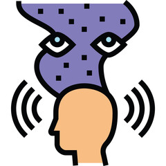 Conceptual Illustration of a Silhouette Head with Swirling Purple Energy Containing Eyes and Dots Emanating Sound Waves Symbolizing Thoughts or Mental Activity Against a Transparent Background