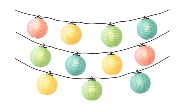 Globe-shaped paper lantern string lights for a festive garden party ambiance.