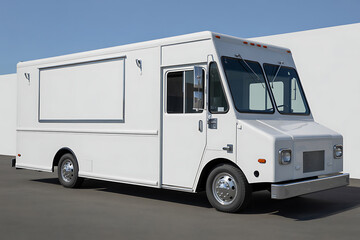 White food truck with closed serving window and blank side panel