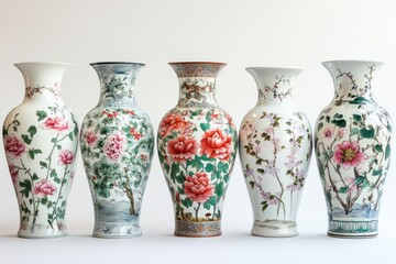 A traditional Chinese vase with intricate floral patterns and a delicate handle, set against a serene landscape of mountains and trees.