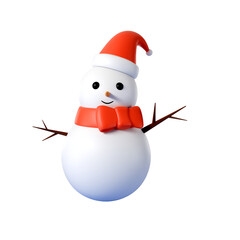 snowman with red santa hat 3/4 angle view 3d object cartoon white transparent background	