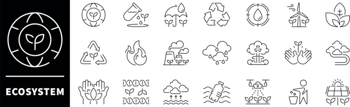 Ecosystem vector icons in line style. Ecosystem related icons. Ecosystem, ecology, eco, environment icons set