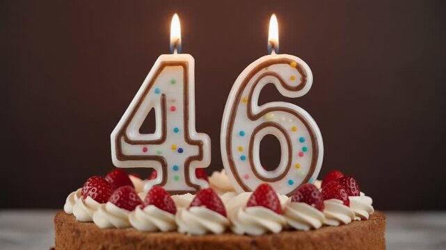 Decorated cake with candle in number 46. Video for birthday or anniversary party and celebration