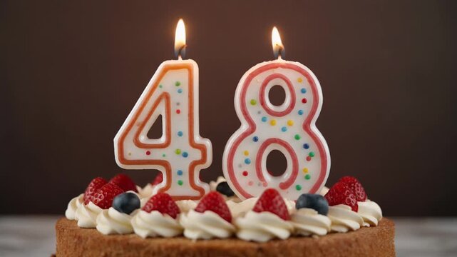 Decorated cake with candle in number 48. Video for birthday or anniversary party and celebration