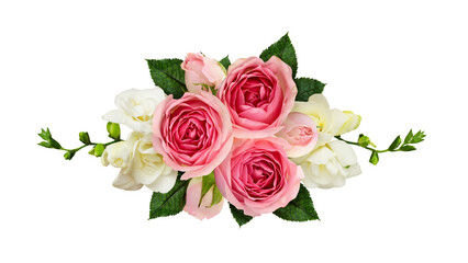 Floral arrangement with pink roses and white freesia flowers isolated on white or transparent background. Top view. Flat lay.