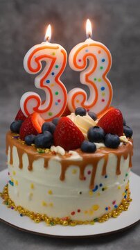 Decorated cake with candle in number 33. Video for birthday or anniversary party and celebration