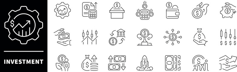 Investment vector icons in line style. Investment icons set. Investings related icons set