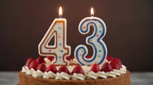 Decorated cake with candle in number 43. Video for birthday or anniversary party and celebration