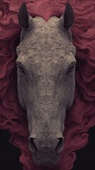 Abstract portrait of a powerful red and white horse. Stylized fantasy animal with a textured flowing mane on a black background