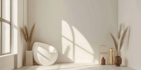 Serene minimalist interior bathed in warm sunlight, featuring organic shapes and natural textures.