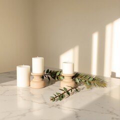 Three white candles on a marble table with green foliage accents  