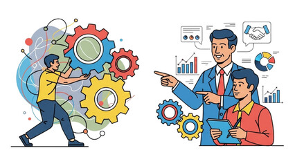 Teamwork Mechanics & Mentorship – Black Outline Colorful Art of Gear Collaboration and Business Guidance