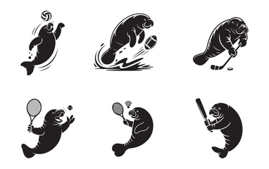 Sporty Manatee Silhouette Set, Cute Athletic Manatee Vector Icons for Sports Designs.