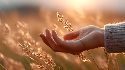 A person s hand wearing a textured sweater delicately interacts with dried wheat or grass ears bathed in the soft warm glow of golden hour sunlight highlighting a tranquil and peaceful natural scene