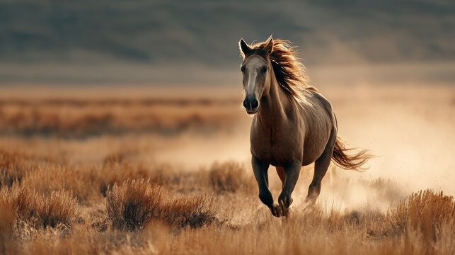 A powerful wild chestnut horse running free in a dusty field. Majestic mustang stallion galloping through a prairie during golden hour.