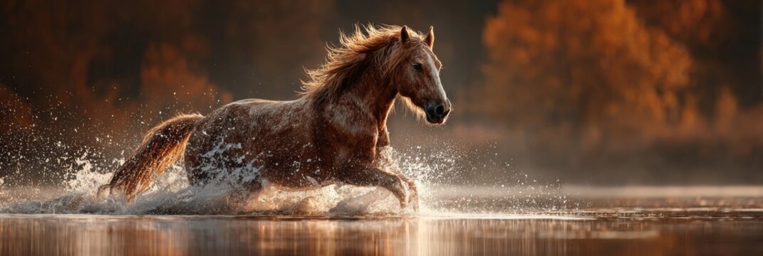 A powerful chestnut horse running through water creating a large splash. Backlit portrait of a wild stallion in motion during a golden hour sunset