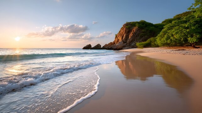 Golden hour bathes a tranquil tropical beach gentle waves lap wet sand reflecting the warm sunset sky with rocky cliffs and lush green vegetation framing the scene - Powered by Adobe