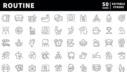 Routine vector icons in line style. Routine icons set. Lifestyle related icons