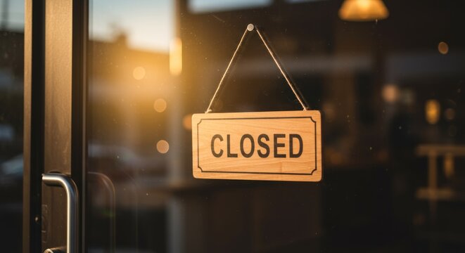 A Closed sign hangs on a glass door with sunlight filtering through
