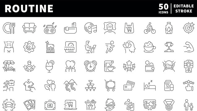 Routine vector icons in line style. Routine icons set. Lifestyle related icons