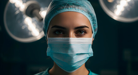 Female surgeon wearing surgical mask and cap, looking confidently at the camera in an operating room, illuminated by bright surgical lights, showcasing professionalism and dedication to healthcare