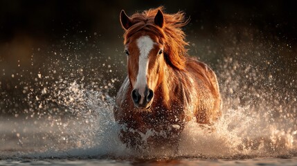A powerful chestnut horse running through water creating a large splash. Backlit portrait of a wild stallion in motion during a golden hour sunset