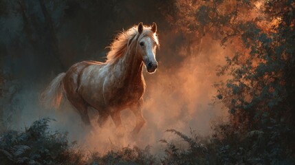 A powerful chestnut horse running through an autumn forest. Wild stallion galloping with freedom and kicking up dust. Panoramic nature banner with copy space
