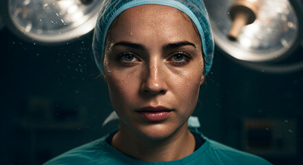 Tired female surgeon with sweat on face in medical cap, looking confidently at camera in operating room illuminated by bright surgical lights showcasing professionalism and dedication to healthcare