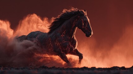A dark, magma-veined horse bursts forward in a blaze of glowing ash and fire, embodying raw elemental fury.