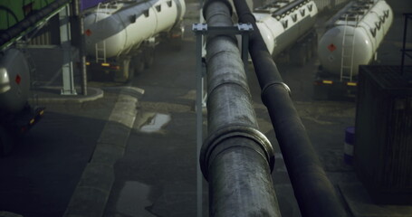 Naklejka premium A large metal pipeline extends into a distribution facility where tankers are lined up. Early morning light creates a misty atmosphere, enhancing the industrial landscape.