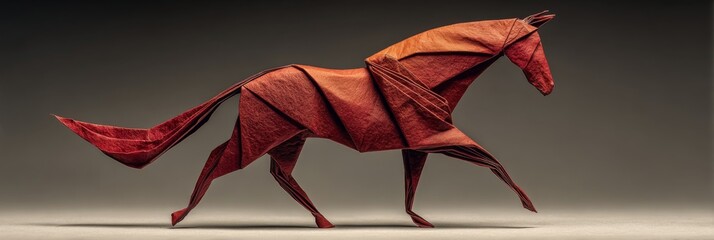 Red origami horse standing in a side profile against a plain gradient background, crafted with sharp angular folds and precise creases, showcasing elegant posture and dynamic motion